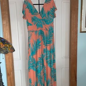 IMAN Coral and Teal Palm-Print Dress